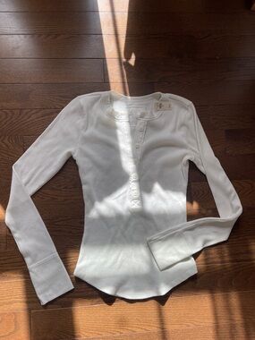 aerie White Ribbed Henley Long-Sleeve Top